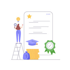 Person taking grant money. Form of financial aid. Student pay education loan. Concept of grant certificate, university and college fee, study fund, scholarship money. Vector illustration