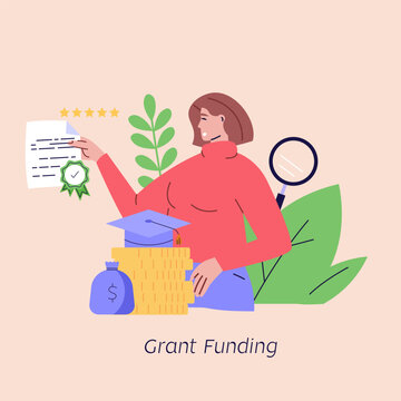 Person taking grant money. Form of financial aid. Student pay education loan. Concept of grant certificate, university and college fee, study fund, scholarship money. Vector illustration