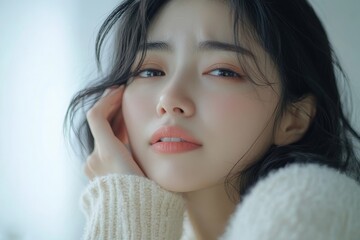 Face expression suffering from sensitive teeth, Asian young woman touching cheek Generative AI