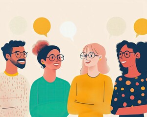 People working in an office, a city setting with a couple, a child, and various individuals at tables, computers, and in a lab environment, all depicted in a vector cartoon style