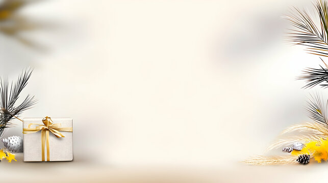 Autumn gift, beige background, fall leaves, decorative plants; ideal for seasonal promotions.