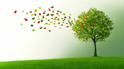 Autumn tree losing leaves in gentle breeze, green hill background. Ideal for nature, change, and season themes.