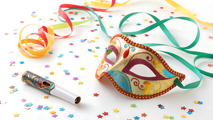 Carnival Party - Venetian Mask With Colorful Streamer And Whistle with copy space