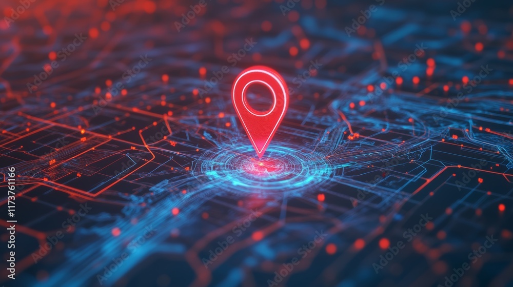 Aufkleber Futuristic glowing digital map with red location pin showing position, representing concepts such as navigation, online maps, gps tracking, and modern technology