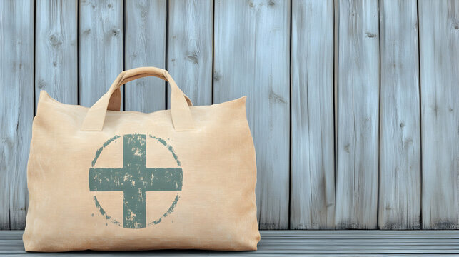Beige medical bag on wooden background, ready for travel, healthcare concept, website or blog use.