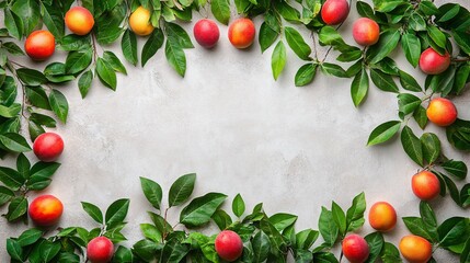 Fresh fruit and green leaves arranged for a vibrant garden-themed display