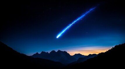 A bright blue meteor streaks across the night sky over a silhouetted mountain range.  A celestial wonder!