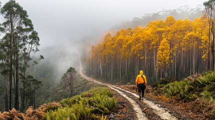 Hiker exploring a foggy forest path lined with vibrant yellow trees