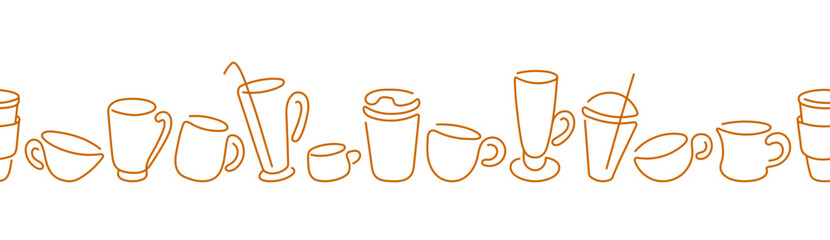 Coffee, tea cup pattern. Art line seamless border