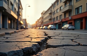 Obraz premium City street damaged by earthquake. Cracks in pavement. Cars parked on street in city landscape. Buildings in background. Earthquake disaster. Urban infrastructure damage. Natural disaster. Sunset