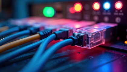 Close-up view of network cables connected to tech equipment rack. Colorful lights illuminate tech components, showing modern communication systems, advanced connectivity. Intricate cabling creates