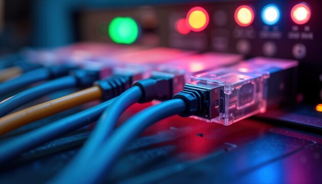 Close-up view of network cables connected to tech equipment rack. Colorful lights illuminate tech components, showing modern communication systems, advanced connectivity. Intricate cabling creates