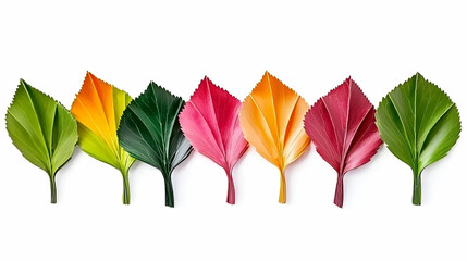 Fototapeta premium Colorful leaves arranged in a row against a white background, showcasing autumnal colors; ideal for seasonal designs or nature-themed projects.