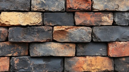 Fototapeta premium A textured wall made of various colored bricks, showcasing a rustic design.