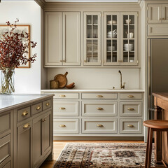 an interior design photo of a a warm and inviting kitchen space with a classic and timeless design The cabinetry is very much the focal point painted in a light soft e