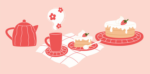 Slice of Cake with Strawberry and Cream, Tea Cup, Teapot, and Whole Cake