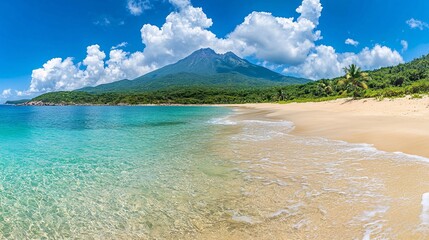 Obraz premium Breathtaking view of a serene beach with lush mountains and clear waters at midday
