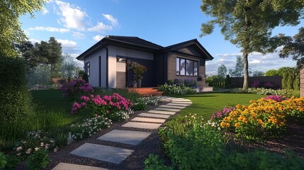 Charming Modern House Surrounded by Vibrant Flowers and Greenery in a Peaceful Garden Setting During a Sunny Day
