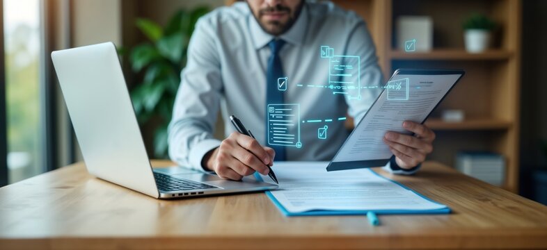 Businessman signs electronic document on virtual laptop. Digital paperwork on computer screen. E-signing process in modern office. Paperless tech. Businessman approves contract using tech tools.