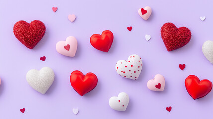 Obraz premium Valentine's Day Pattern Background – Cute Pink & Red Hearts on Light Purple with Glitter Sparkles, Perfect for Cards, Invitations, Gift Wrap, and Romantic Decoration
