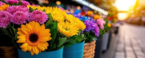 Fototapeta premium A vibrant display of colorful flowers in pots, showcasing a blend of yellow, pink, and purple blooms in a lively market setting.