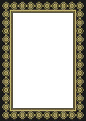 Golden ornamented frame A4 size on a black background. Vector illustration