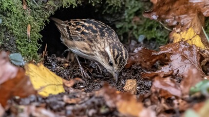 Fototapeta premium Striated Grassbird Foraging Autumn Leaves Ground