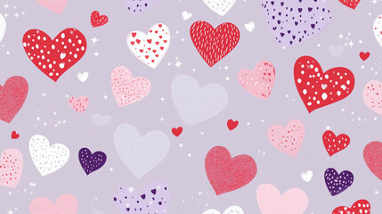 Valentine's Day Pattern Background – Cute Pink & Red Hearts on Light Purple with Glitter Sparkles, Perfect for Cards, Invitations, Gift Wrap, and Romantic Decoration