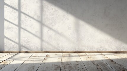 Bright natural light casting shadows on a textured white wall and wooden floor