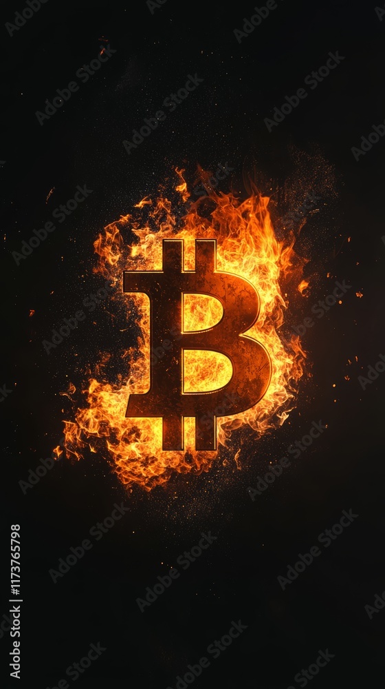 Poster bitcoin cryptocurrency symbol burning in flames on a dark black background representing the volatili