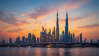 Obraz premium Dubai Skyline Sunset Cityscape Dramatic View