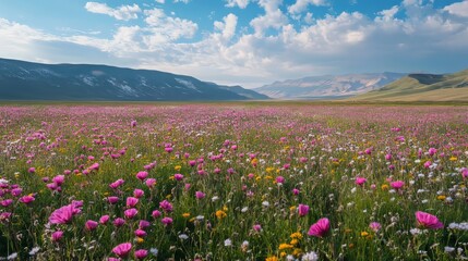Obraz premium Vibrant Wildflower Field Under a Blue Sky With Dramatic Mountains in the Background on a Bright Sunny Day