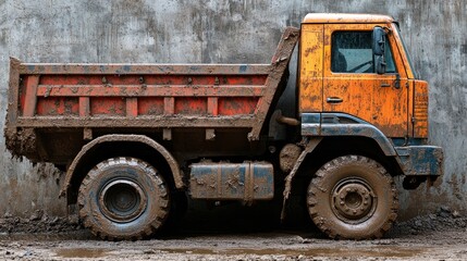 A close-up of a dirty, orange dump truck parked against a textured gray wall, showcasing its muddy wheels and weathered body