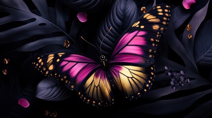 Fototapeta premium butterfly ecosystem wildlife, a vivid image capturing a magenta and gold butterfly enjoying nectar from an exotic flower amidst radiant tropical surroundings