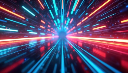 Fototapeta premium Abstract futuristic tech scene with fast glowing neon light lines. Empty space with reflection. Cyberpunk style interior design. Dynamic, vibrant background. High speed motion effect. Suitable for