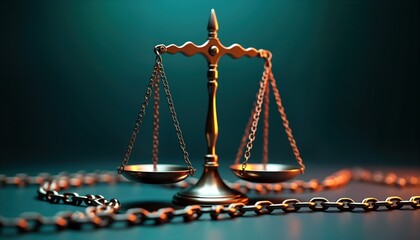 Justice scales balanced on chains. Concept of criminal justice system. Fairness, order under consideration. Symbols of freedom, punishment intertwining. Legal processes, social issues highlighted.