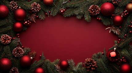 Beautiful red and green Christmas decorations with pine cones and ornaments