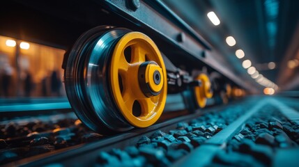 Close-up of a yellow train wheel on a railway track, showcasing details and textures in a minimalistic style