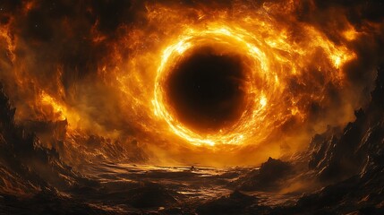 Fiery ring in dark, apocalyptic landscape.