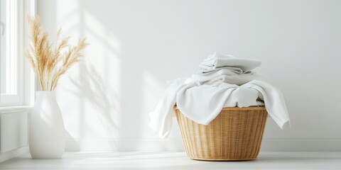Overflowing laundry basket with clothes in minimalist home setting
