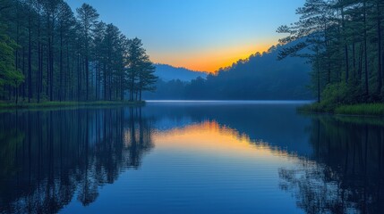 Obraz premium Serene lake at dawn surrounded by trees and mountains, reflecting calm waters.