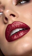 Obraz premium Close-up of feminine lips painted with glossy, deep red lipstick. The bold and vibrant shade radiates confidence and luxury, embodying the Cherry Coded 2025 beauty trend.