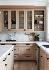 A photo of the kitchen featuring light wood cabinets with black hardware and a marble backsplash wall The countertop is white quartz stone and theres an open cabinet d