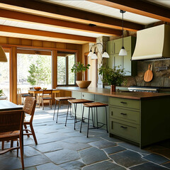 kitchen in a lake house property designed in California midcentury modern interior design style an aesthetic that blends sophisticated style with a relaxed welcoming a