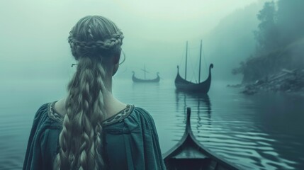 Viking longships return from battle to norwegian fjord, woman awaits warrior on the shore