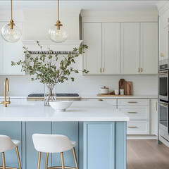 Design a modern French country kitchen with a warm inviting atmosphere in an Lshaped layout The kitchen features a small pastel bluecolored island complemented by styl