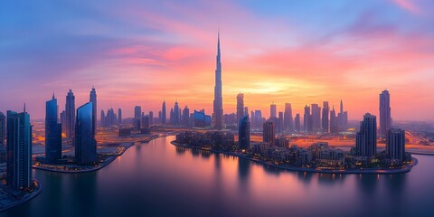Obraz premium Sunrise Over Modern City Skyline - Generative AI