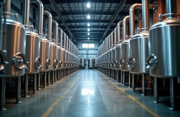 Obraz premium Modern brewery factory interior. Rows of shiny stainless steel fermentation vats, boiler tanks line spacious hall. Industrial equipment for beer production. Modern drink manufacturing. Clean,