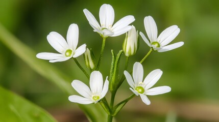 Fototapeta premium Closeup of Delicate White Spring Flowers Blooming in Green Meadow