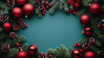 Create a festive holiday decoration with red ornaments and evergreen foliage